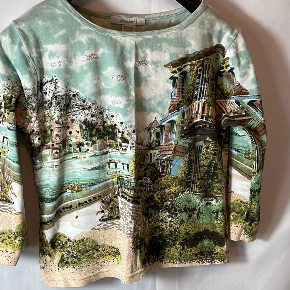 Dress Barn Scenic Print Long Sleeve Top - Green and Brown